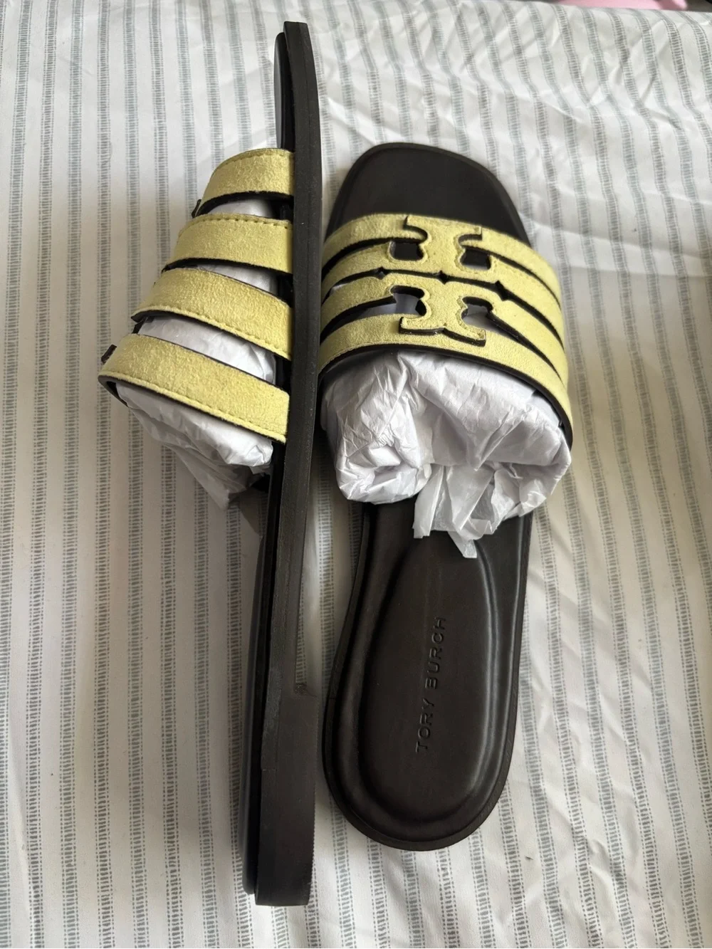 Tory Burch Pale Yellow Leather Slide Mules New With Original Box And Dust Bag